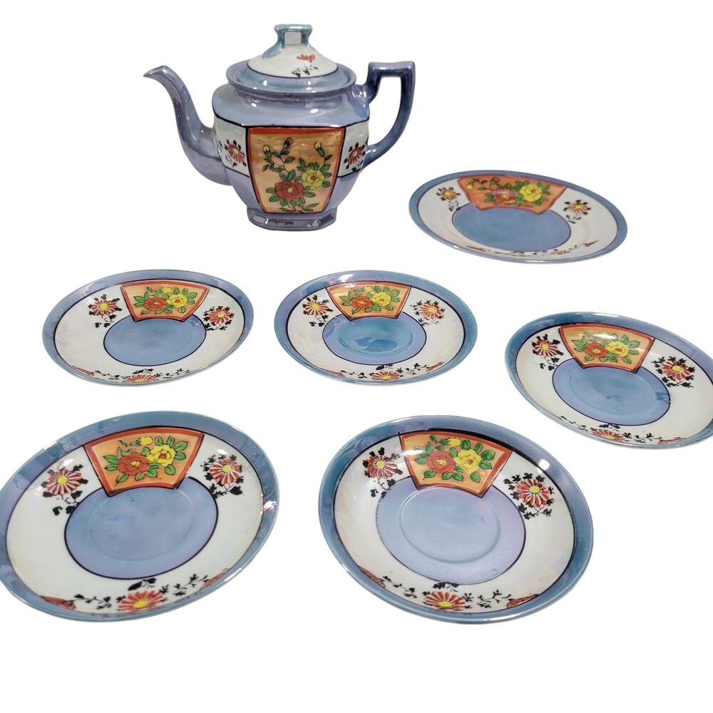 Takito TT Hand Painted Ceramic Lusterware Tea Pot & Several Saucers 7 Pieces